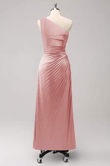 Vestido largo de dama de honor Rosa polvorienta con ojo de cerradura de satén de un hombro